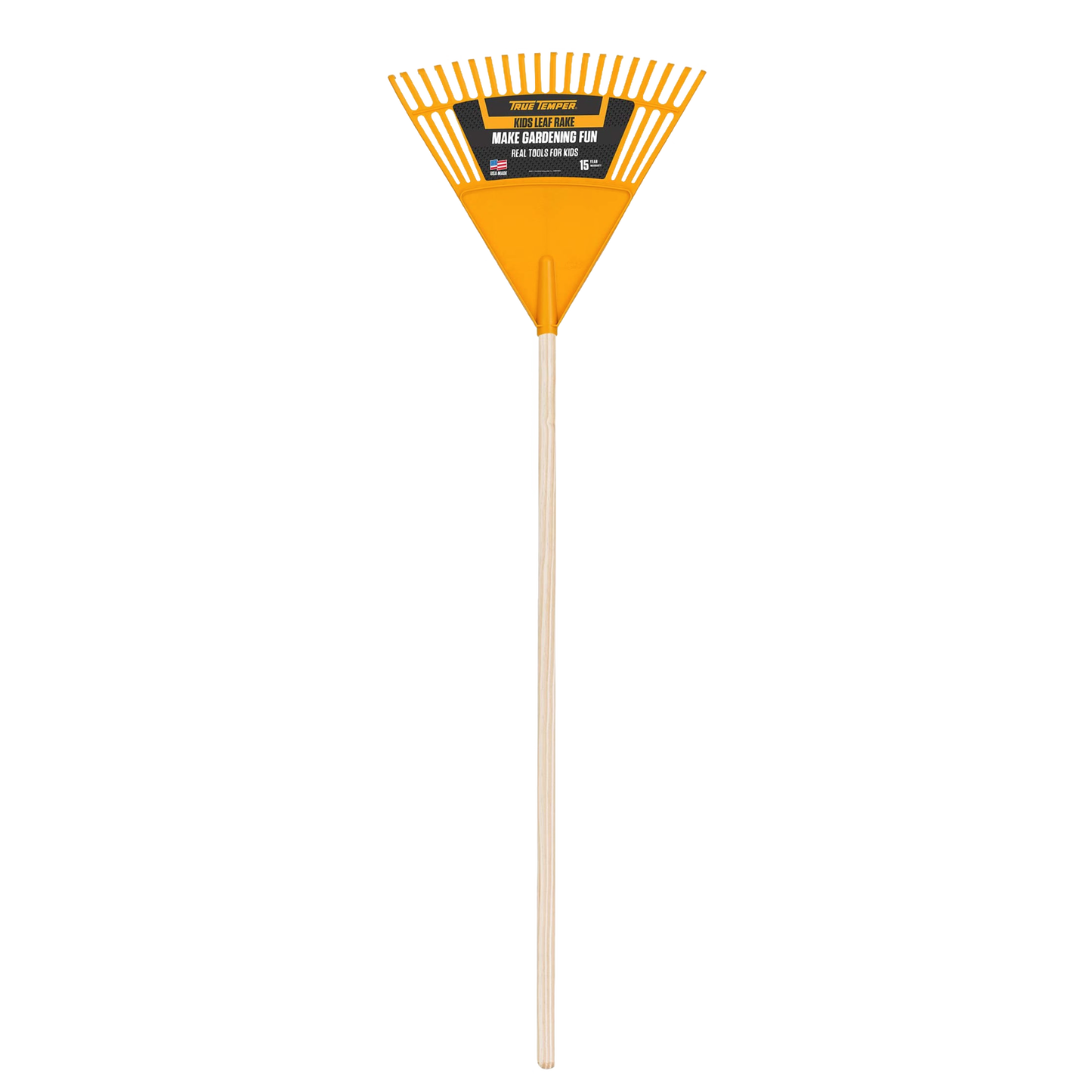 Child-sized durable outdoor rake with a yellow metal head and wooden handle, designed for real gardening and outdoor play, suitable for ages 6 and up with adult supervision in Toys, Children's Toys, and Best Sellers collections.