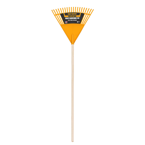 Child-sized durable outdoor rake with a yellow metal head and wooden handle, designed for real gardening and outdoor play, suitable for ages 6 and up with adult supervision in Toys, Children's Toys, and Best Sellers collections.