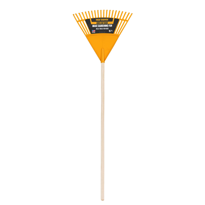 Child-sized durable outdoor rake with a yellow metal head and wooden handle, designed for real gardening and outdoor play, suitable for ages 6 and up with adult supervision in Toys, Children's Toys, and Best Sellers collections.
