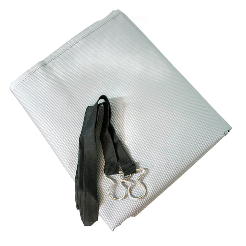 Gray heavy-duty outdoor air conditioner cover with 72-inch elastic strap and metal clasp, designed for protecting units from weather, featured in Home & Decor and Household Helpers.