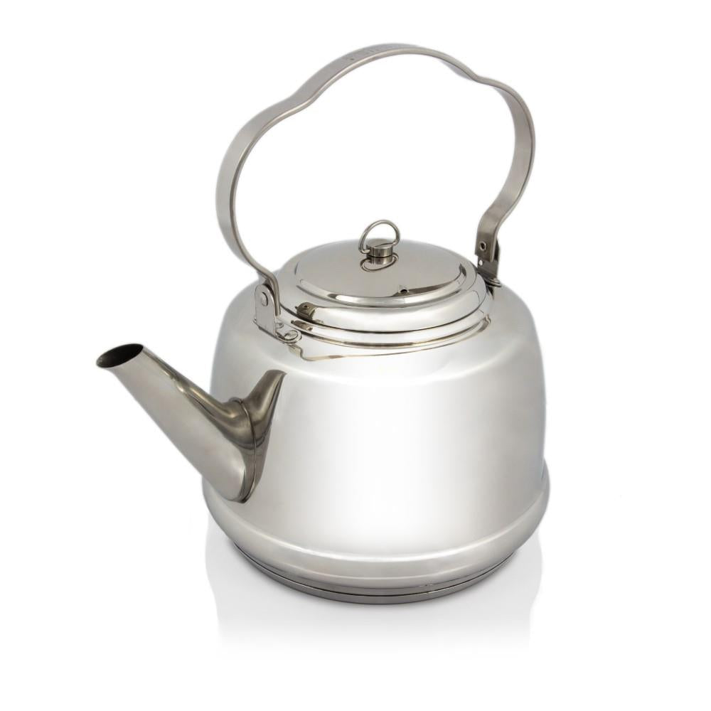 Polished stainless steel teakettle with a threefold bent movable handle for hanging, designed to boil water quickly over open flames or stovetops, suited for Farm, Garden & Tool, Kitchen & Food, Camping, Brewing Coffee and Tea, Best Sellers, and Promo Eligible collections.