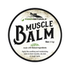 Round container lid of natural muscle balm featuring vintage-style typography and rustic design elements, highlighting natural ingredients and soothing relief in Health & Wellness and USA Made collections.