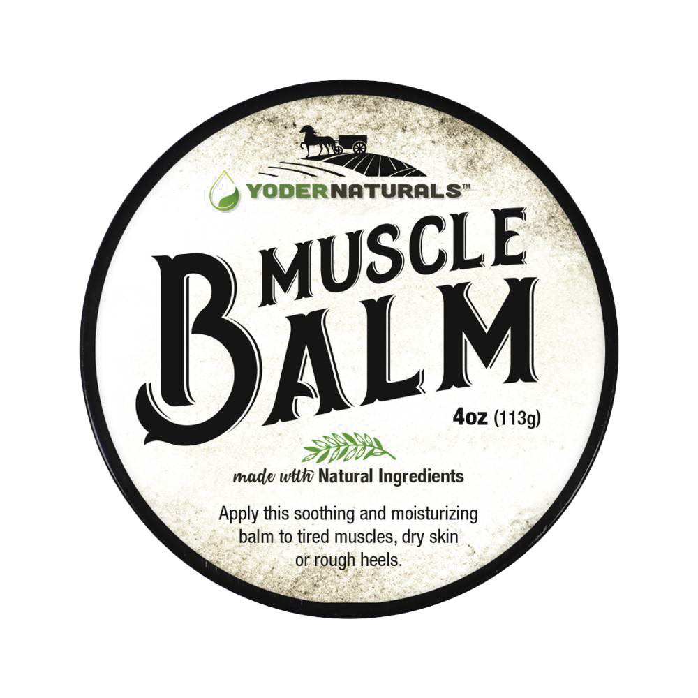 Round container lid of natural muscle balm featuring vintage-style typography and rustic design elements, highlighting natural ingredients and soothing relief in Health & Wellness and USA Made collections.