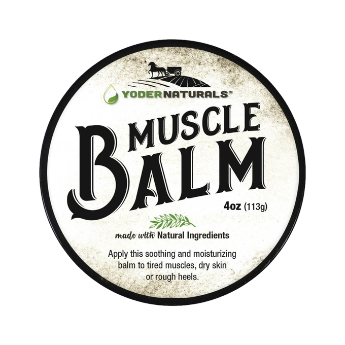 Round container lid of natural muscle balm featuring vintage-style typography and rustic design elements, highlighting natural ingredients and soothing relief in Health & Wellness and USA Made collections.