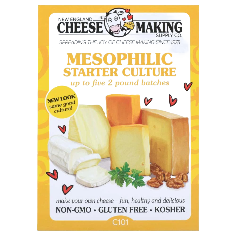 Bright yellow package of mesophilic starter culture featuring illustrations of various cheeses, walnuts, and parsley, ideal for Kitchen & Food, Specialty Equipment, DIY Cheese and Yogurt, Best Sellers, Promo Eligible, and Sale collections.