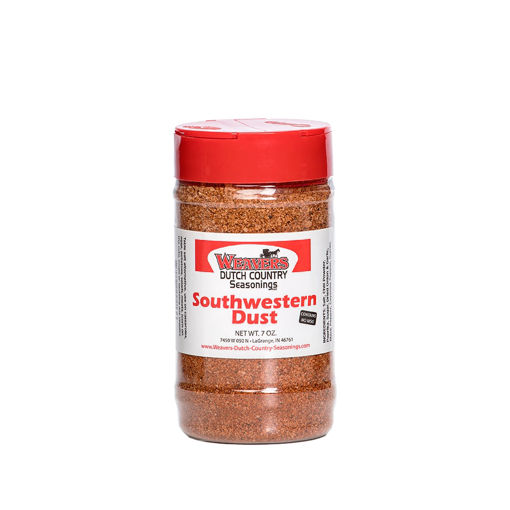Clear plastic shaker bottle with red lid containing handcrafted southwestern-style meat seasoning dust, made in USA, ideal for Kitchen & Food, Pantry, Best Sellers, and Promo Eligible collections.