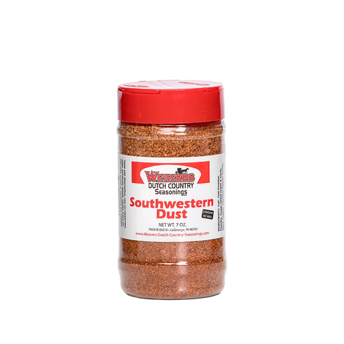 Clear plastic shaker bottle with red lid containing handcrafted southwestern-style meat seasoning dust, made in USA, ideal for Kitchen & Food, Pantry, Best Sellers, and Promo Eligible collections.
