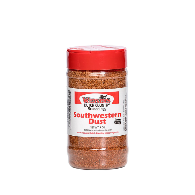 Clear plastic shaker bottle with red lid containing handcrafted southwestern-style meat seasoning dust, made in USA, ideal for Kitchen & Food, Pantry, Best Sellers, and Promo Eligible collections.