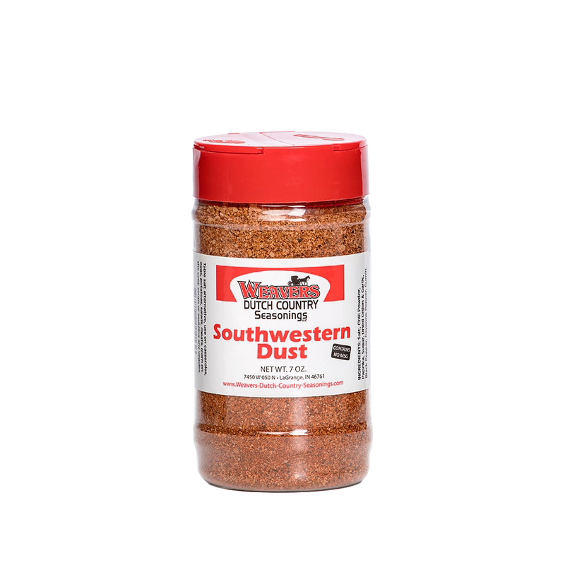 Clear plastic shaker bottle with red lid containing handcrafted southwestern-style meat seasoning dust, made in USA, ideal for Kitchen & Food, Pantry, Best Sellers, and Promo Eligible collections.