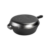 Black cast iron combo cooker featuring a rustic cabin scene imprinted on the lid, designed for camping and kitchen use, handcrafted and made in the USA.
