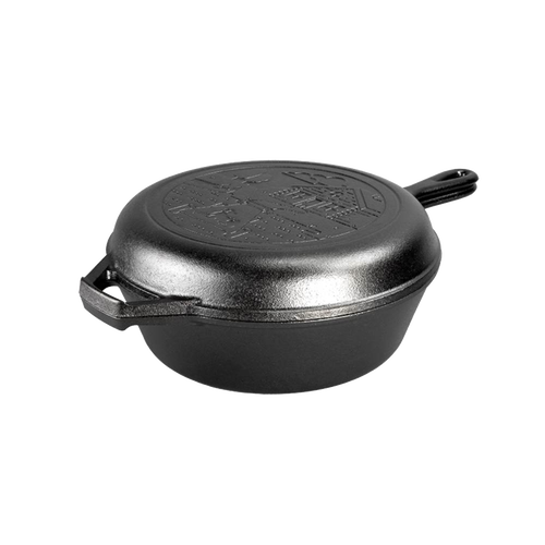 Black cast iron combo cooker featuring a rustic cabin scene imprinted on the lid, designed for camping and kitchen use, handcrafted and made in the USA.
