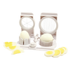 Double-sided egg slicer tool with white plastic frame featuring 10-slice and 6-wedge cutters, demonstrating sliced and wedged hard-boiled eggs for kitchen and food prep collections.