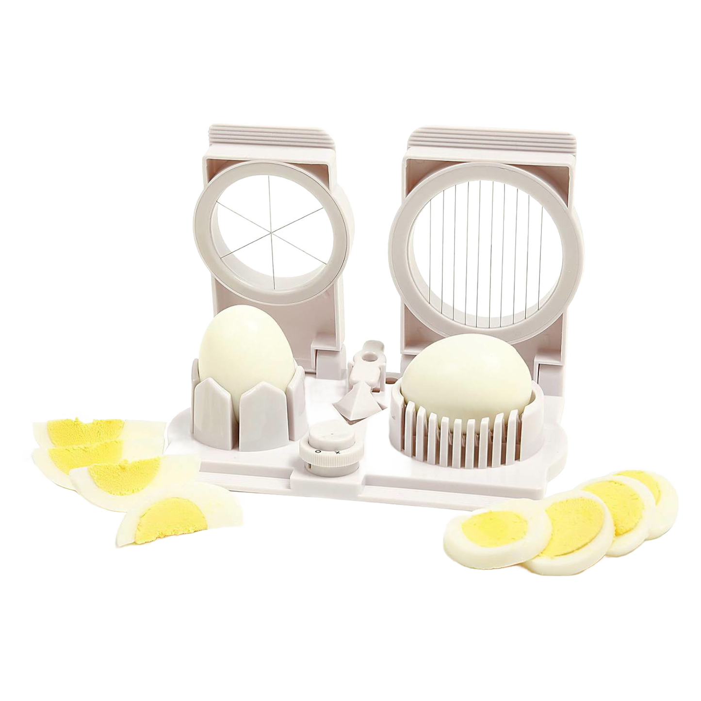 Double-sided egg slicer tool with white plastic frame featuring 10-slice and 6-wedge cutters, demonstrating sliced and wedged hard-boiled eggs for kitchen and food prep collections.