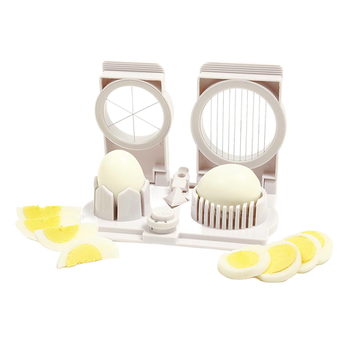 Double-sided egg slicer tool with white plastic frame featuring 10-slice and 6-wedge cutters, demonstrating sliced and wedged hard-boiled eggs for kitchen and food prep collections.