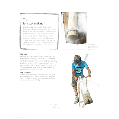 Page from a how-to woodworking book showing instructions with text; includes image of a wood log with a band and a photo of a child operating a traditional shaving horse, featured in a home and garden how-to collection.
