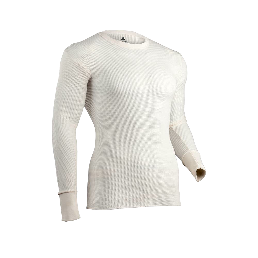 Handcrafted natural cream-colored men's thermal shirt with circular waffle knit, designed to retain warmth in cold temperatures, featured in Health & Wellness, Clothing and Accessories, Best Sellers, and Promo Eligible collections.