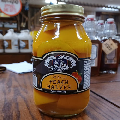Glass jar of handcrafted Amish-made old-fashioned peach halves packed in natural syrup, made in USA, perfect for Kitchen & Food, Food, Pantry, USA Made, Best Sellers, Promo Eligible collections.