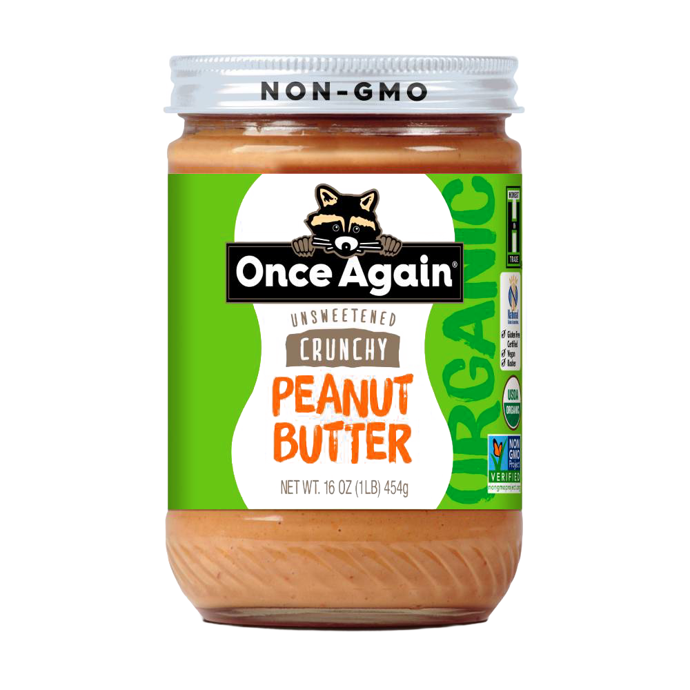 Glass jar of handcrafted unsweetened crunchy organic peanut butter with non-GMO label, perfect for Kitchen & Food, Food, Peanut Butter & Jellies, Gluten Free, USA Made, Best Sellers, and Promo Eligible collections