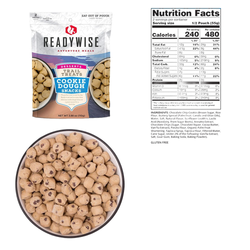 Resealable pouch of ReadyWise Trail Treats cookie dough snacks made in USA, shown with portion of bite-sized cookie dough pieces and accompanying nutrition facts, part of Camping, Emergency Supplies, USA Made, and Best Sellers collections.