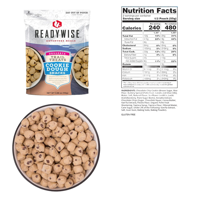 Resealable pouch of ReadyWise Trail Treats cookie dough snacks made in USA, shown with portion of bite-sized cookie dough pieces and accompanying nutrition facts, part of Camping, Emergency Supplies, USA Made, and Best Sellers collections.
