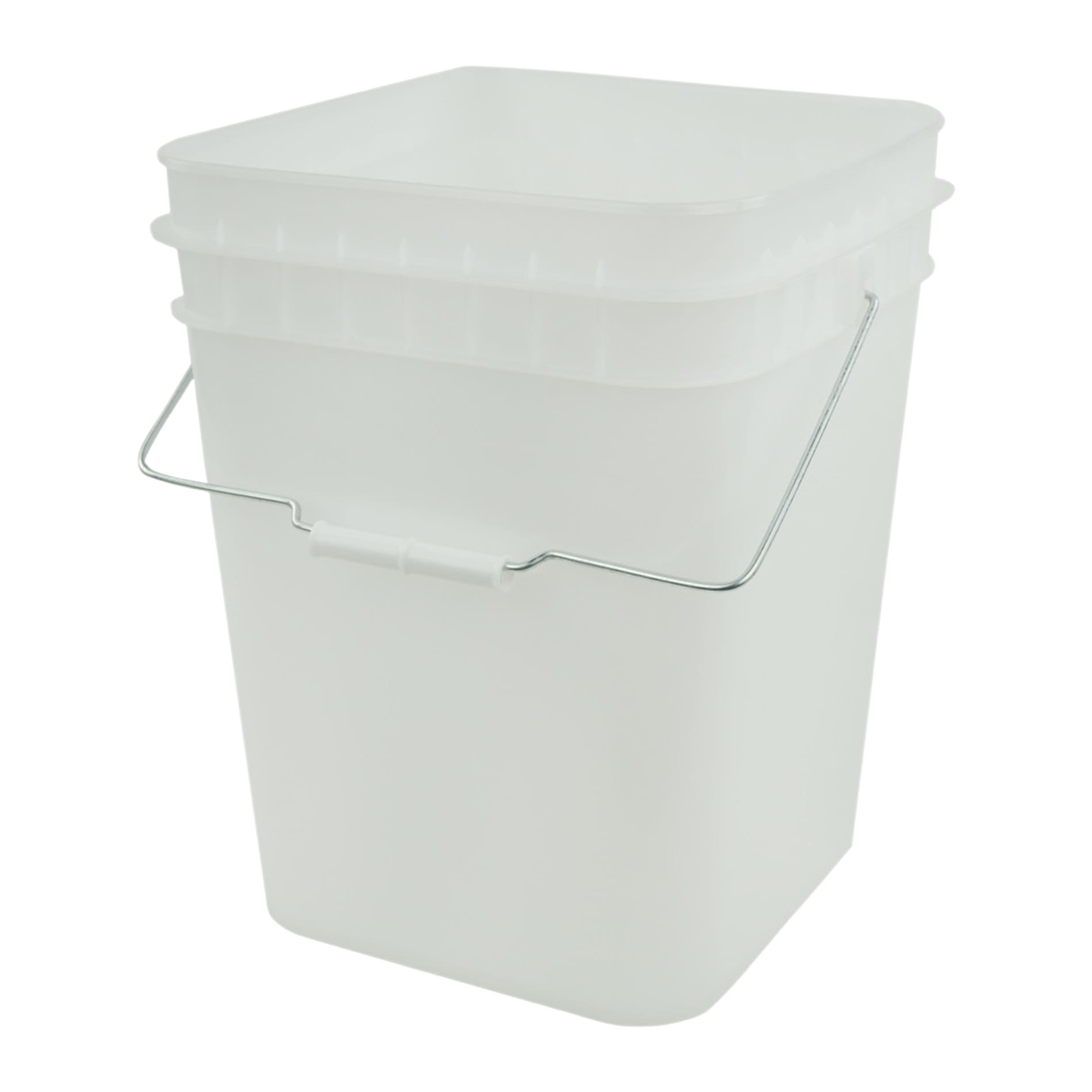 White plastic storage bucket with sturdy metal handle and tight-fitting lid, designed for durable food storage and multipurpose use, included in Kitchen & Food, Storage and Serving, USA Made, and Best Sellers collections.