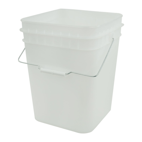 White plastic storage bucket with sturdy metal handle and tight-fitting lid, designed for durable food storage and multipurpose use, included in Kitchen & Food, Storage and Serving, USA Made, and Best Sellers collections.