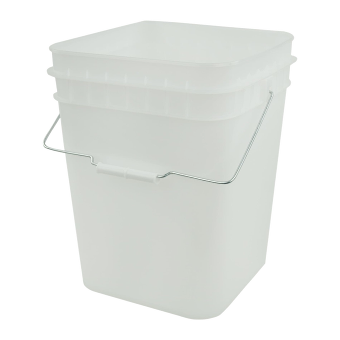 White plastic storage bucket with sturdy metal handle and tight-fitting lid, designed for durable food storage and multipurpose use, included in Kitchen & Food, Storage and Serving, USA Made, and Best Sellers collections.