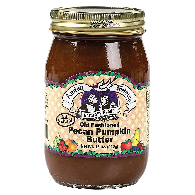 Glass jar of Amish made old fashioned pecan pumpkin butter with an all natural label, ideal for Kitchen & Food, Pantry, USA Made, Best Sellers, and Promo Eligible collections.