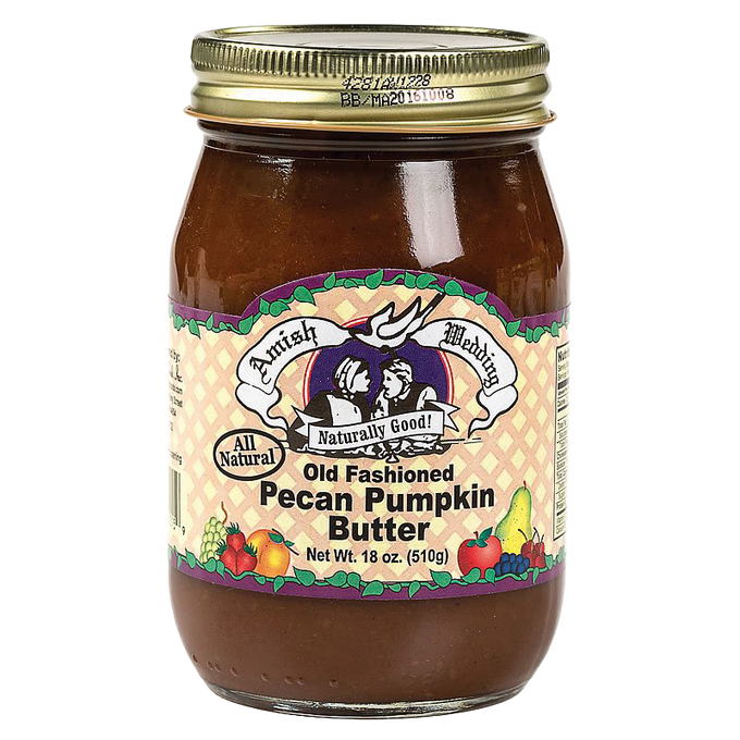 Glass jar of Amish made old fashioned pecan pumpkin butter with an all natural label, ideal for Kitchen & Food, Pantry, USA Made, Best Sellers, and Promo Eligible collections.