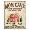 Rustic tin decorative sign with vintage style lettering and illustration of a red house, celebrating moms with a humorous message, part of Home & Decor, USA Made, and Best Sellers collections.