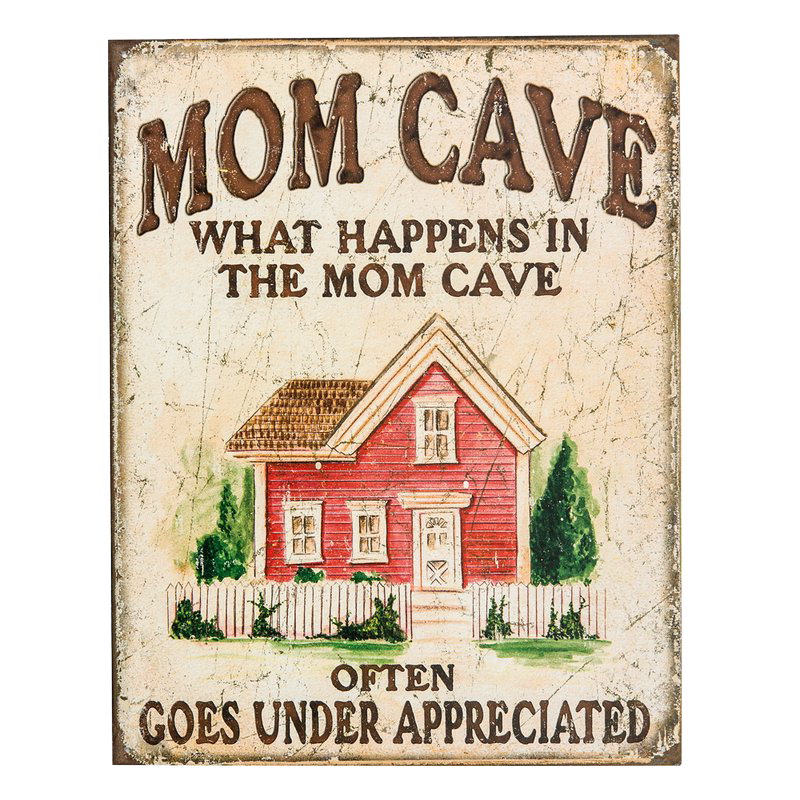 Rustic tin decorative sign with vintage style lettering and illustration of a red house, celebrating moms with a humorous message, part of Home & Decor, USA Made, and Best Sellers collections.