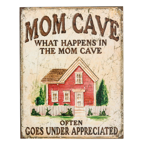 Rustic tin decorative sign with vintage style lettering and illustration of a red house, celebrating moms with a humorous message, part of Home & Decor, USA Made, and Best Sellers collections.