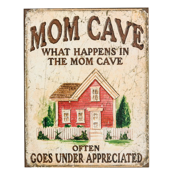 Rustic tin decorative sign with vintage style lettering and illustration of a red house, celebrating moms with a humorous message, part of Home & Decor, USA Made, and Best Sellers collections.
