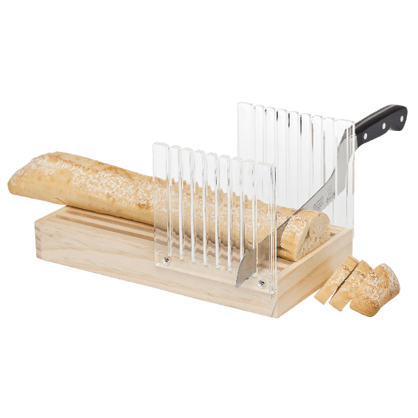 Wooden bread slicing guide with clear acrylic panels to create even slices, shown with a baguette partially sliced using a knife, featured in Kitchen & Food and Bread Making Supplies collections.