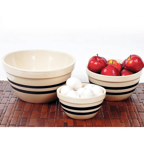 Set of three handcrafted USA-made stoneware shoulder bowls with classic black stripes, suitable for Kitchen & Food, Cookware, Baking Supplies, Dinnerware, Storage and Serving, and Best Sellers collections.