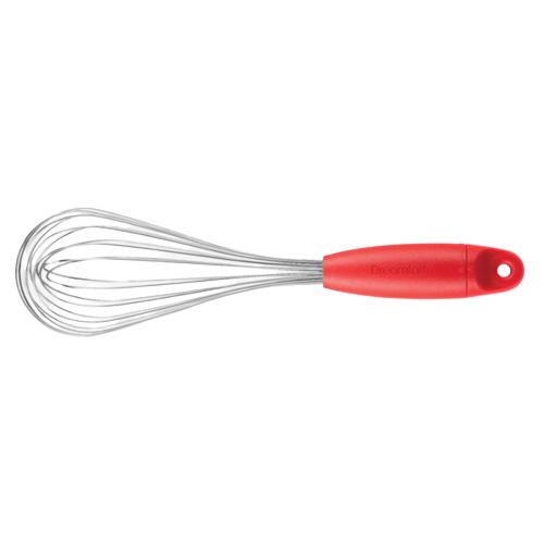 Whisk with a red ergonomic handle and stainless steel wires, designed as a space-saving multi-tasker for Kitchen & Food, Kitchen Gadgets, Cooking and Baking Helpers, Best Sellers, and Promo Eligible collections.