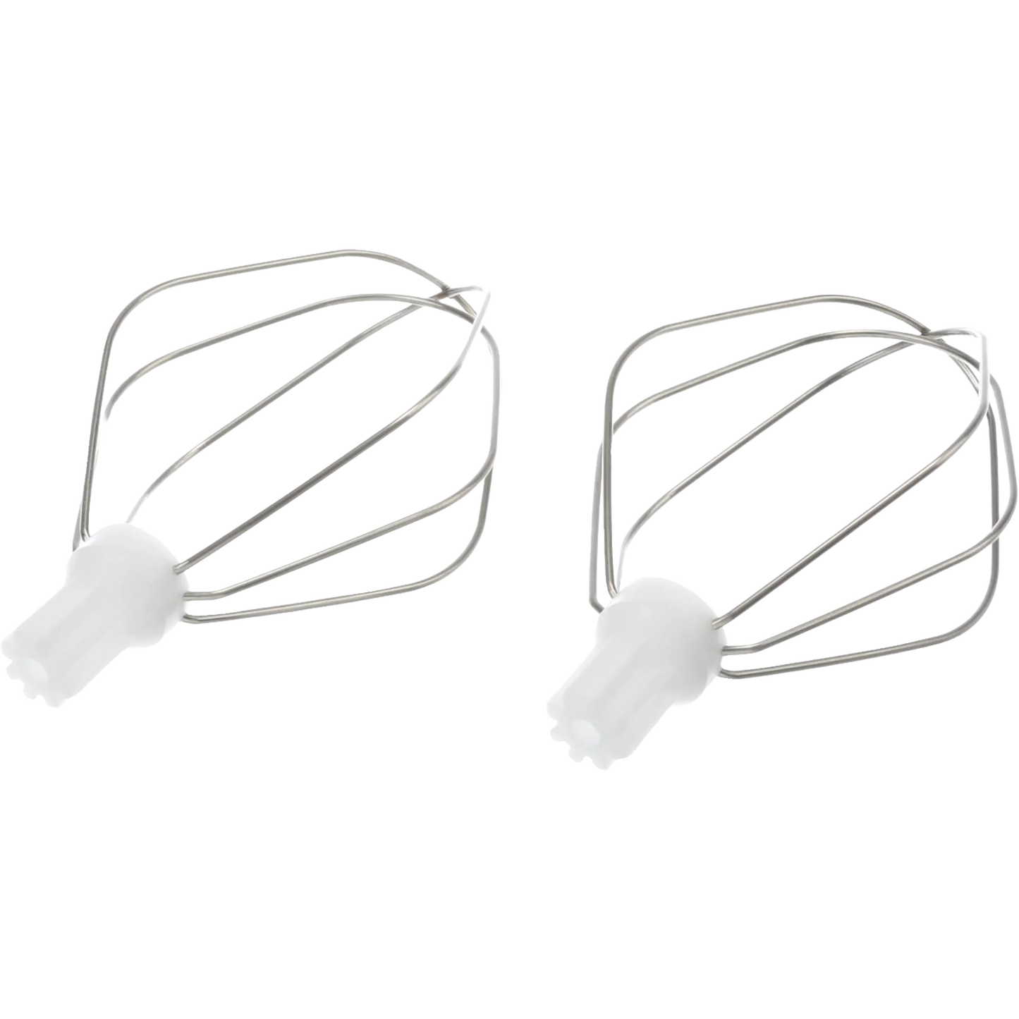 Two metal batter whisk attachments with white plastic bases, designed for smooth mixing in Kitchen & Food, Baking Supplies, Cookware, and Kitchen Gadgets collections.