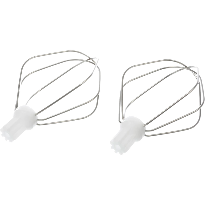 Two metal batter whisk attachments with white plastic bases, designed for smooth mixing in Kitchen & Food, Baking Supplies, Cookware, and Kitchen Gadgets collections.