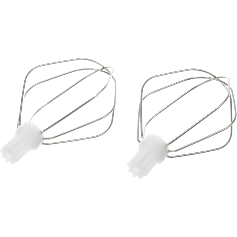 Two metal batter whisk attachments with white plastic bases, designed for smooth mixing in Kitchen & Food, Baking Supplies, Cookware, and Kitchen Gadgets collections.