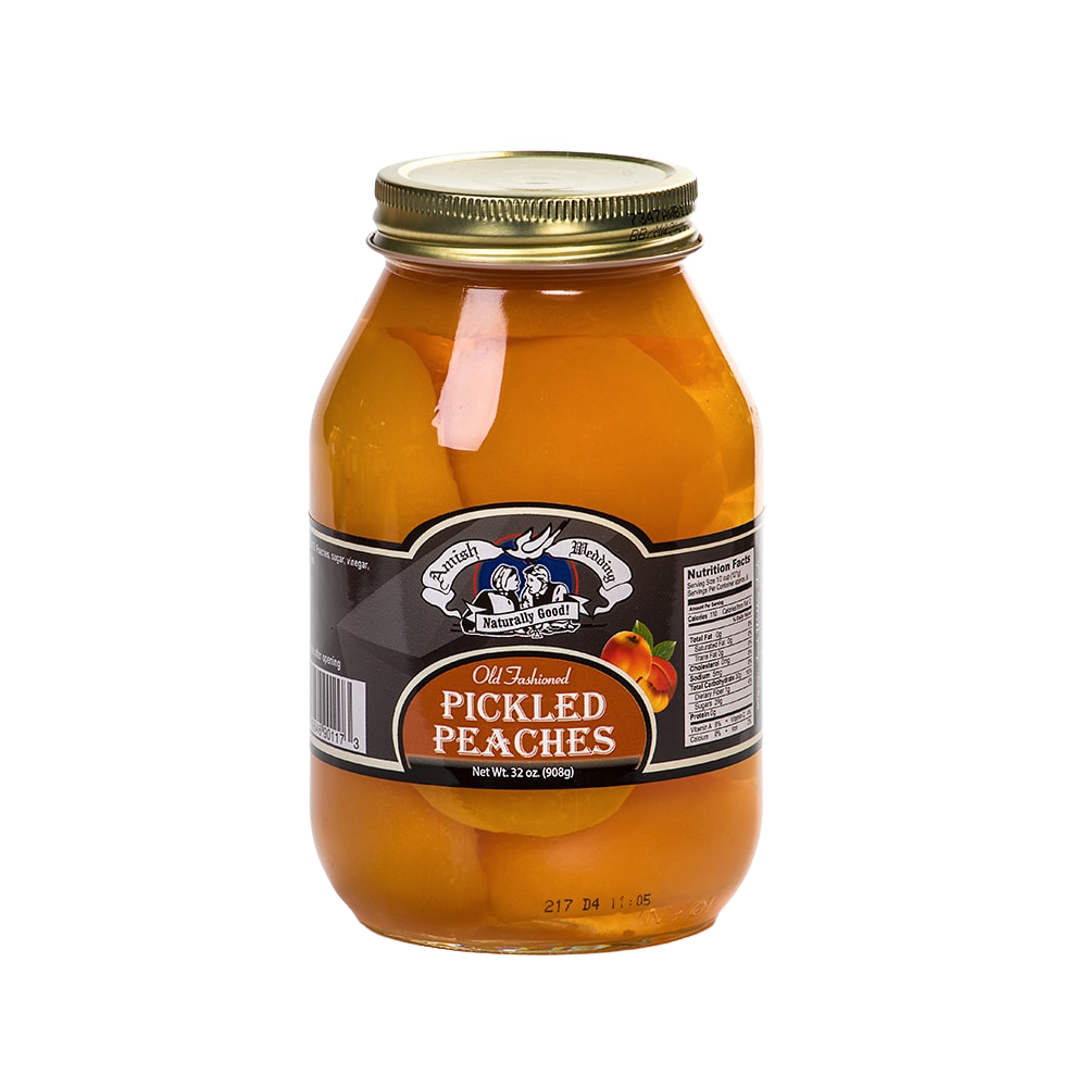 Handcrafted glass jar of pickled peaches in natural syrup with a metal lid, made in USA, featured in Kitchen & Food, Food, Pantry, USA Made, Best Sellers, Promo Eligible collections.