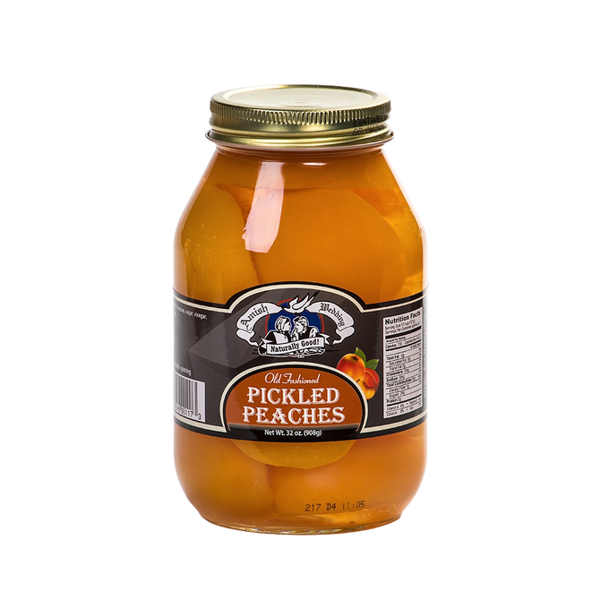 Handcrafted glass jar of pickled peaches in natural syrup with a metal lid, made in USA, featured in Kitchen & Food, Food, Pantry, USA Made, Best Sellers, Promo Eligible collections.