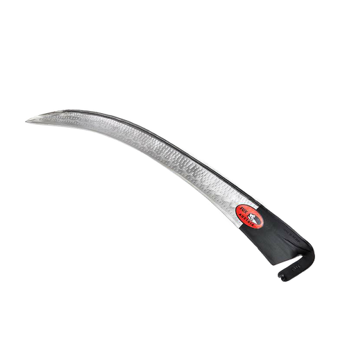 Curved steel scythe blade with hammered texture and black painted tang, designed for efficient cutting through dense growth, featured in Farm, Garden & Tool and Lawncare collections.
