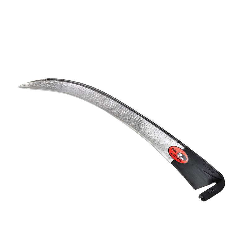 Curved steel scythe blade with hammered texture and black painted tang, designed for efficient cutting through dense growth, featured in Farm, Garden & Tool and Lawncare collections.
