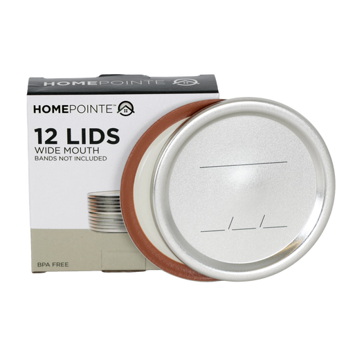 Box of twelve wide-mouth stainless steel canning jar lids with BPA-free sealing compound and date markings, designed for airtight preservation in Kitchen & Food, Food Preservation, Canning, and Best Sellers collections.