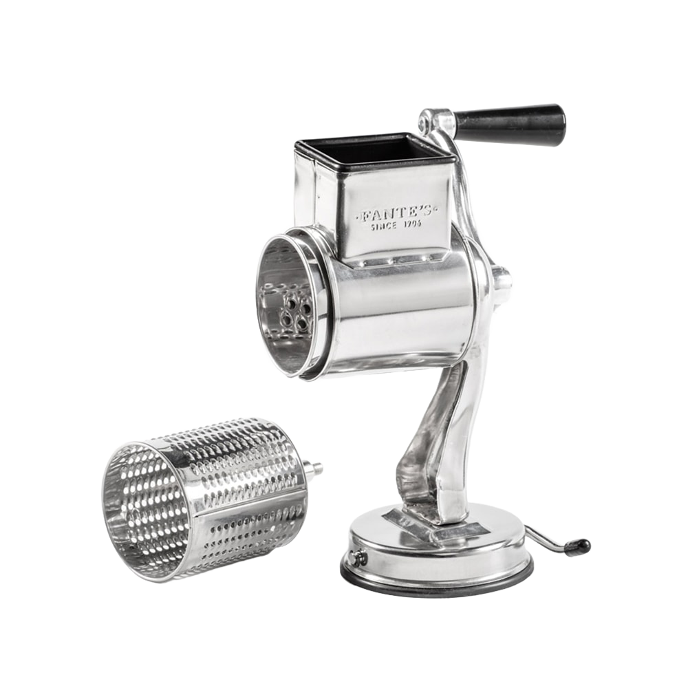 Stainless steel tabletop cheese grater with hand crank and removable grating drum, featuring suction base for stability, ideal for Kitchen & Food, Kitchen Gadgets, and Cooking and Baking Helpers collections.