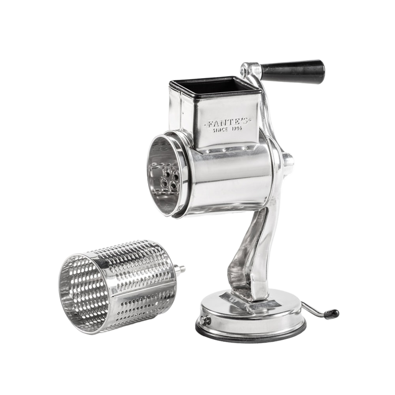 Stainless steel tabletop cheese grater with hand crank and removable grating drum, featuring suction base for stability, ideal for Kitchen & Food, Kitchen Gadgets, and Cooking and Baking Helpers collections.