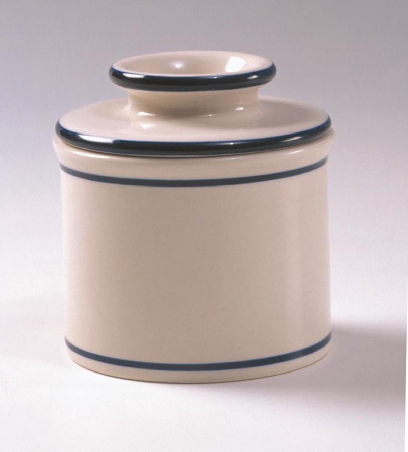 Handcrafted ceramic butter crock with simple blue band accents, designed to keep butter soft without refrigeration, ideal for Farm, Garden & Tool and Kitchen & Food collections.
