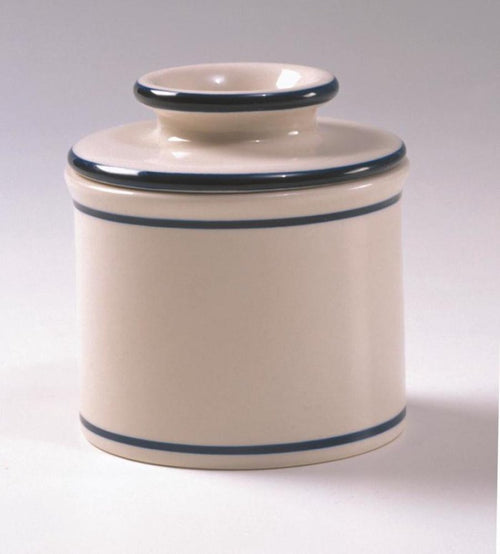 Handcrafted ceramic butter crock with simple blue band accents, designed to keep butter soft without refrigeration, ideal for Farm, Garden & Tool and Kitchen & Food collections.