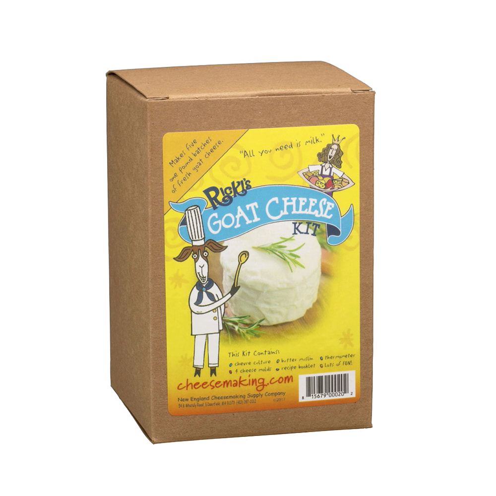 Brown cardboard box featuring colorful label with cartoon goat chef illustration and creamy goat cheese image, promoting DIY cheese making for Kitchen & Food, Specialty Equipment, and Best Sellers collections.