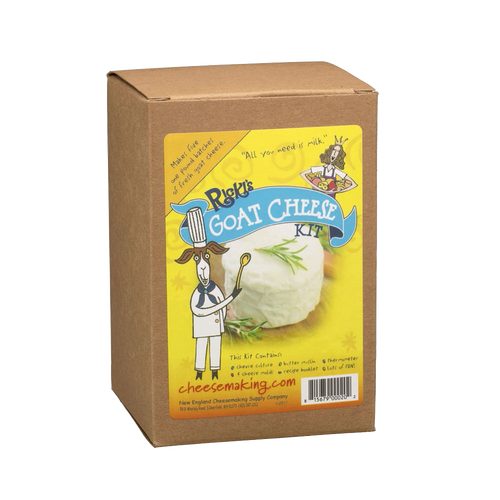 Brown cardboard box featuring colorful label with cartoon goat chef illustration and creamy goat cheese image, promoting DIY cheese making for Kitchen & Food, Specialty Equipment, and Best Sellers collections.